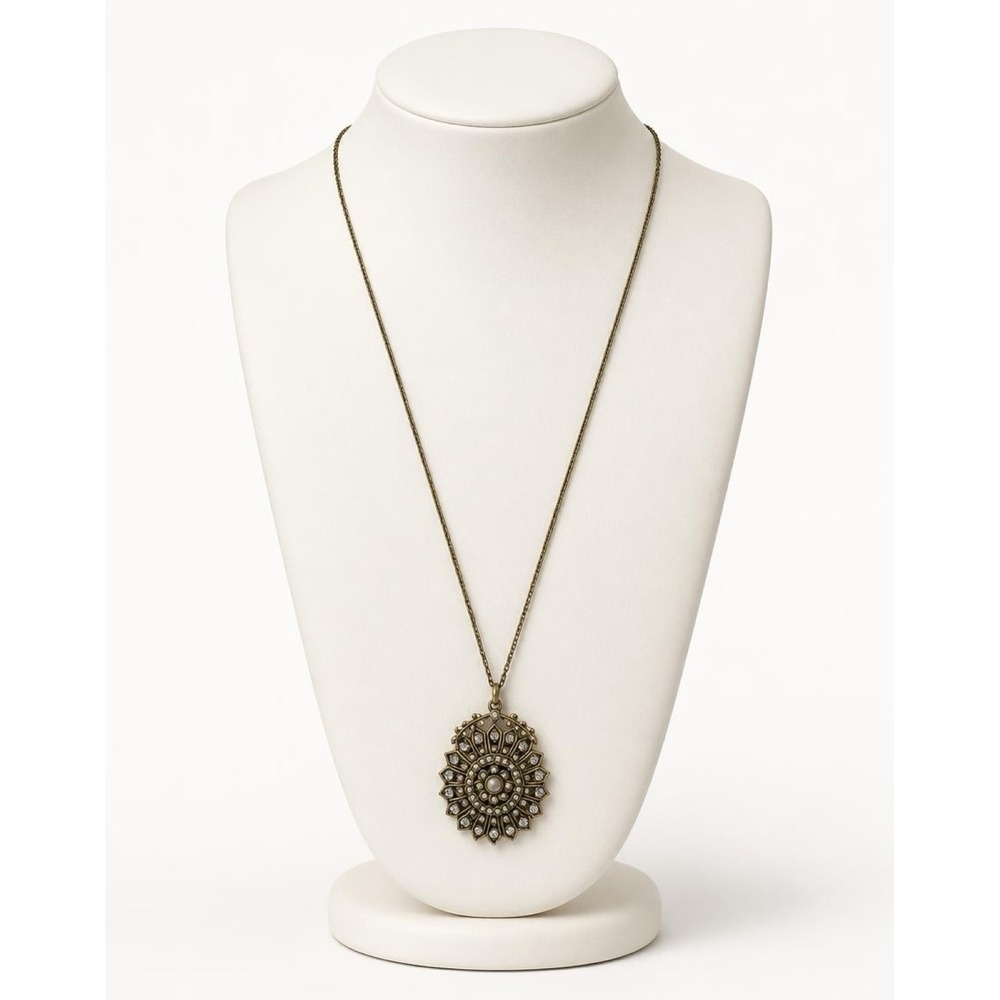 Chloe + Isabel Signed Clear Rhinestone and Faux Pearl Medallion  BOHO Necklace.